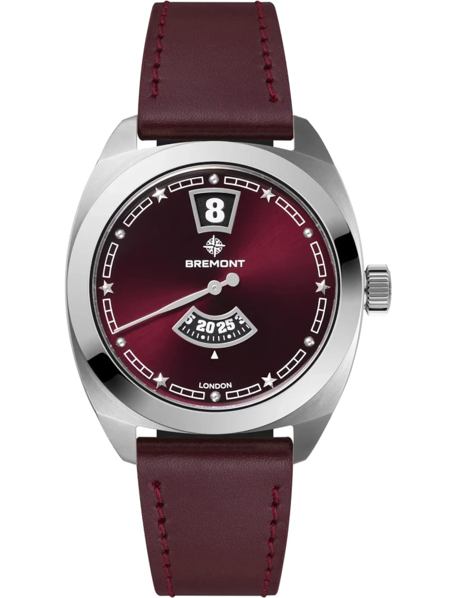 Terra Nova 35mm Jumping Hour in Steel- Limied to 200 pcs on Burgundy Leather Strap with Burgundy Sunray Dial