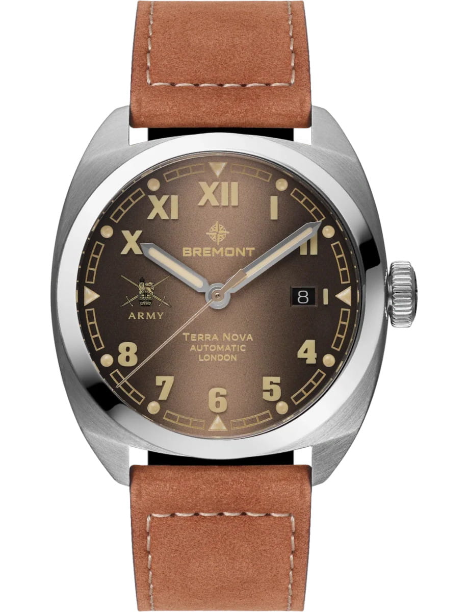 Terra Nova HMAF 40.5mm Date in Steel - Limited to 300 pcs on Brown Nubuck Leather Strap with Gradient Caramel Dial
