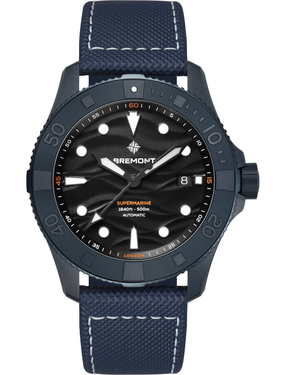 Supermarine Date 43mm in Blue Ceramic - L.E 250 pcs on Black Rubber and Leather Strap with Black Dial