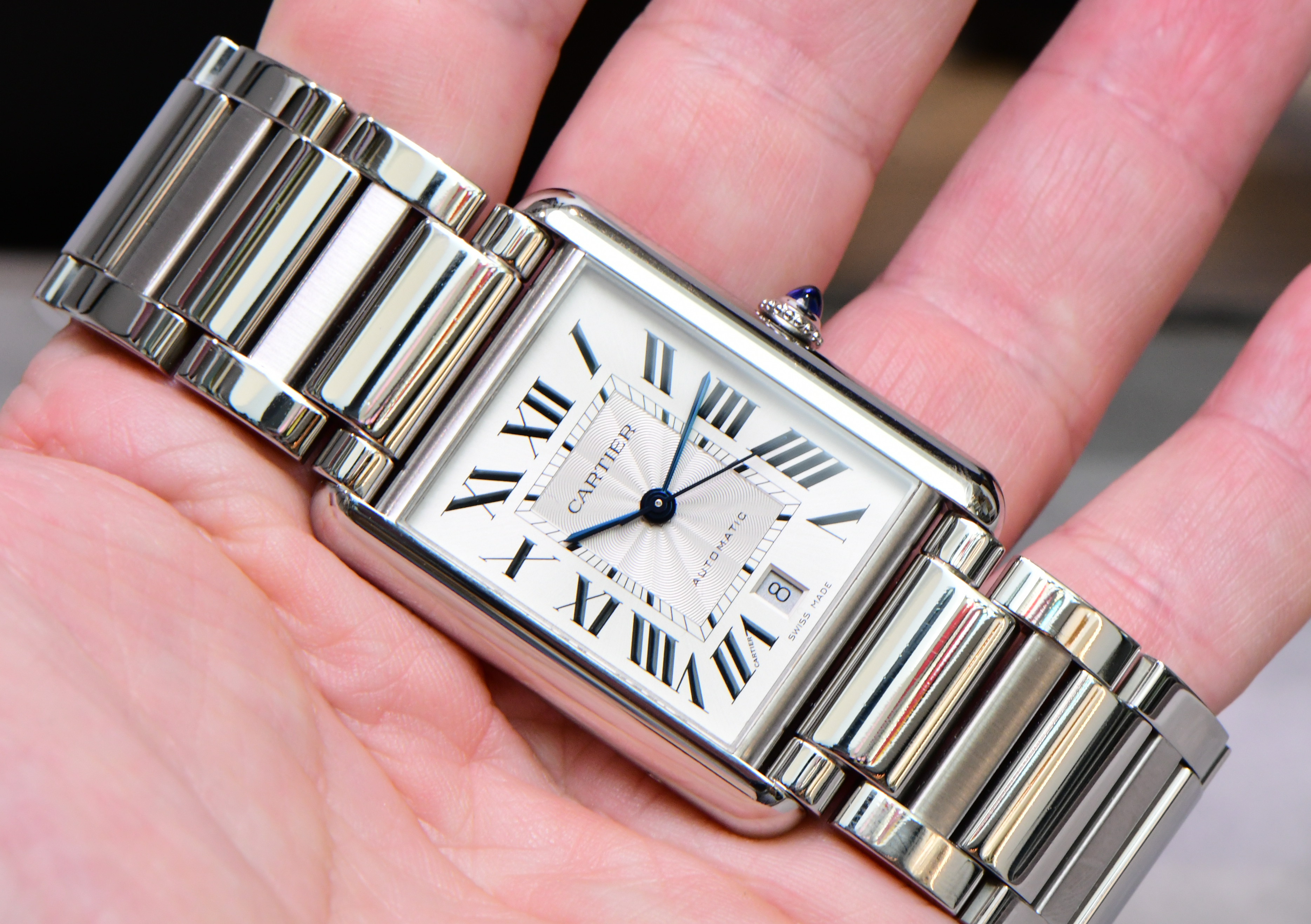 Cartier Tank Must Extra Large in Steel on Steel Bracelet with Silver Roman Dial