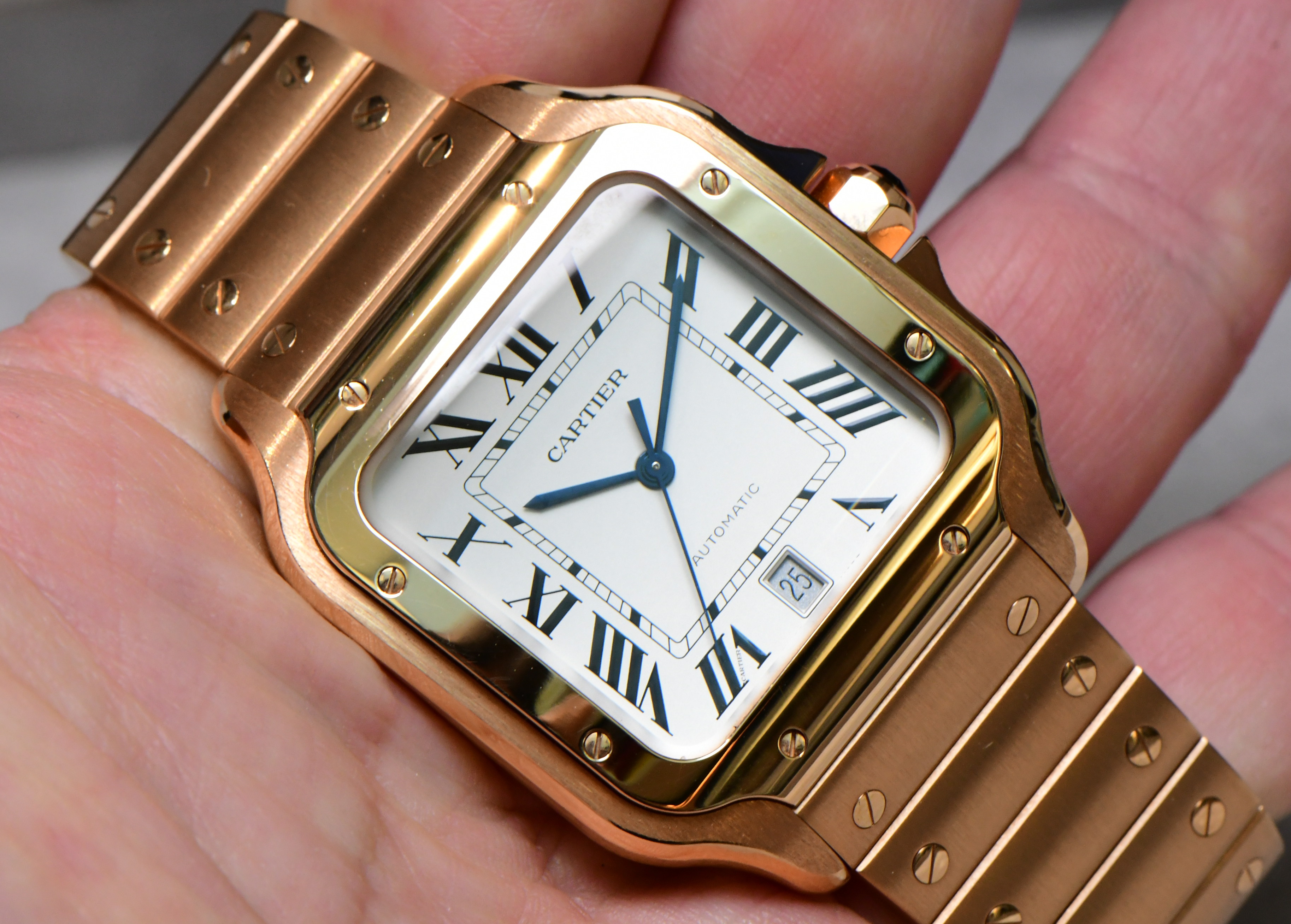 Cartier Santos de in Rose Gold on Rose Gold Bracelet with Silver Dial
