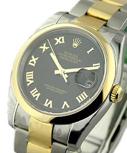 Datejust 36mm in Steel with Yellow Gold Smooth Bezel on Steel and Yellow Gold Oyster Bracelet with Black Roman Dial