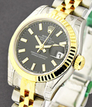 Lady's Datejust in Steel with Yellow Gold Fluted Bezel on Steel and Yellow Gold Jubilee Bracelet with Black Stick Dial