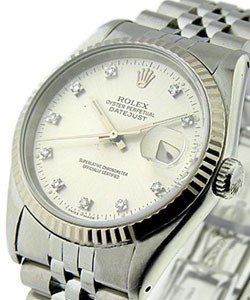 Men's Datejust 36mm in Steel with White Gold Fluted Bezel  on Jubilee Bracelet with Silver Diamond Dial