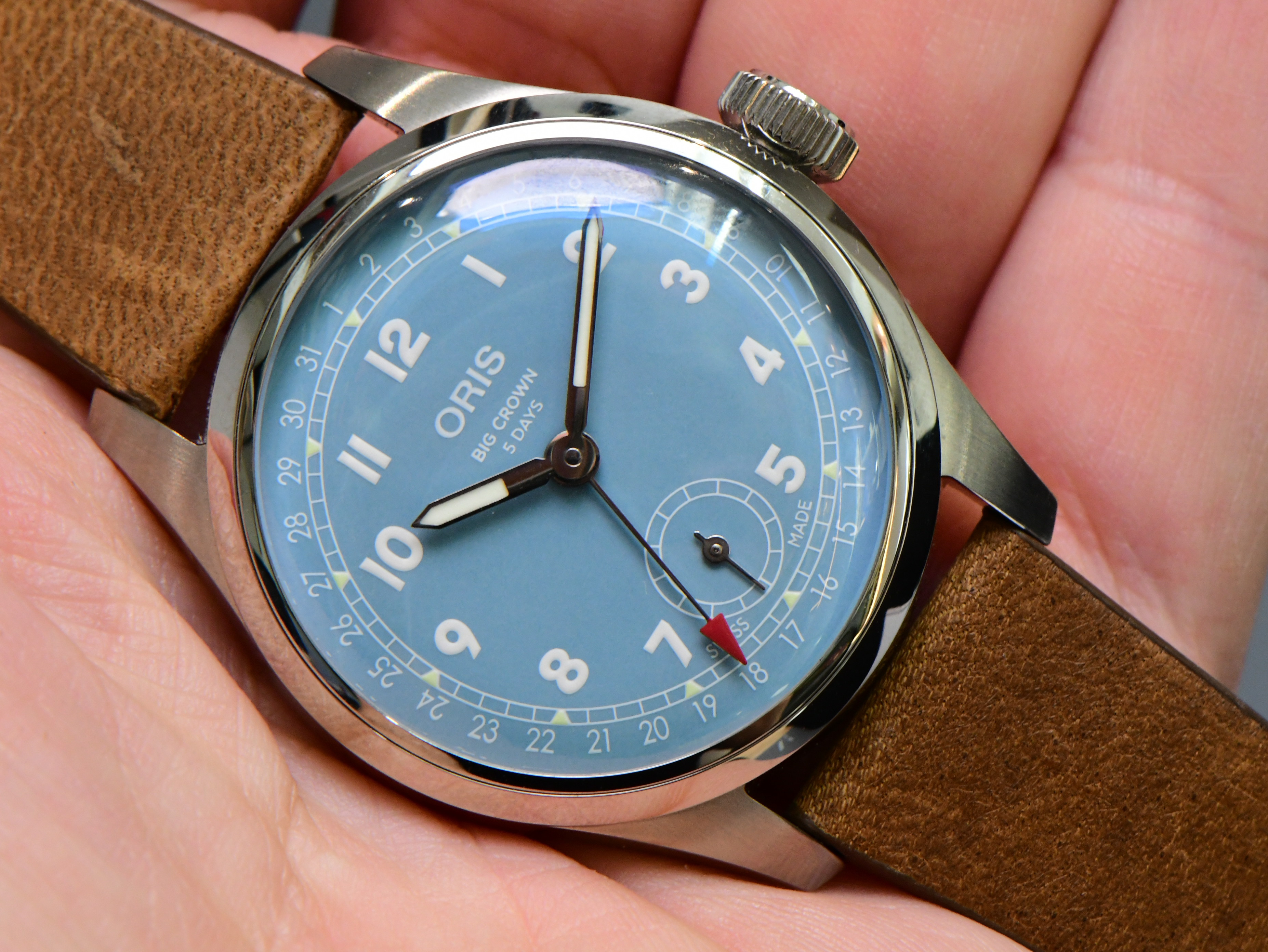 Oris Big Crown Pointer Date in Stainless Steel on Brown Leather Strap with Blue Dial