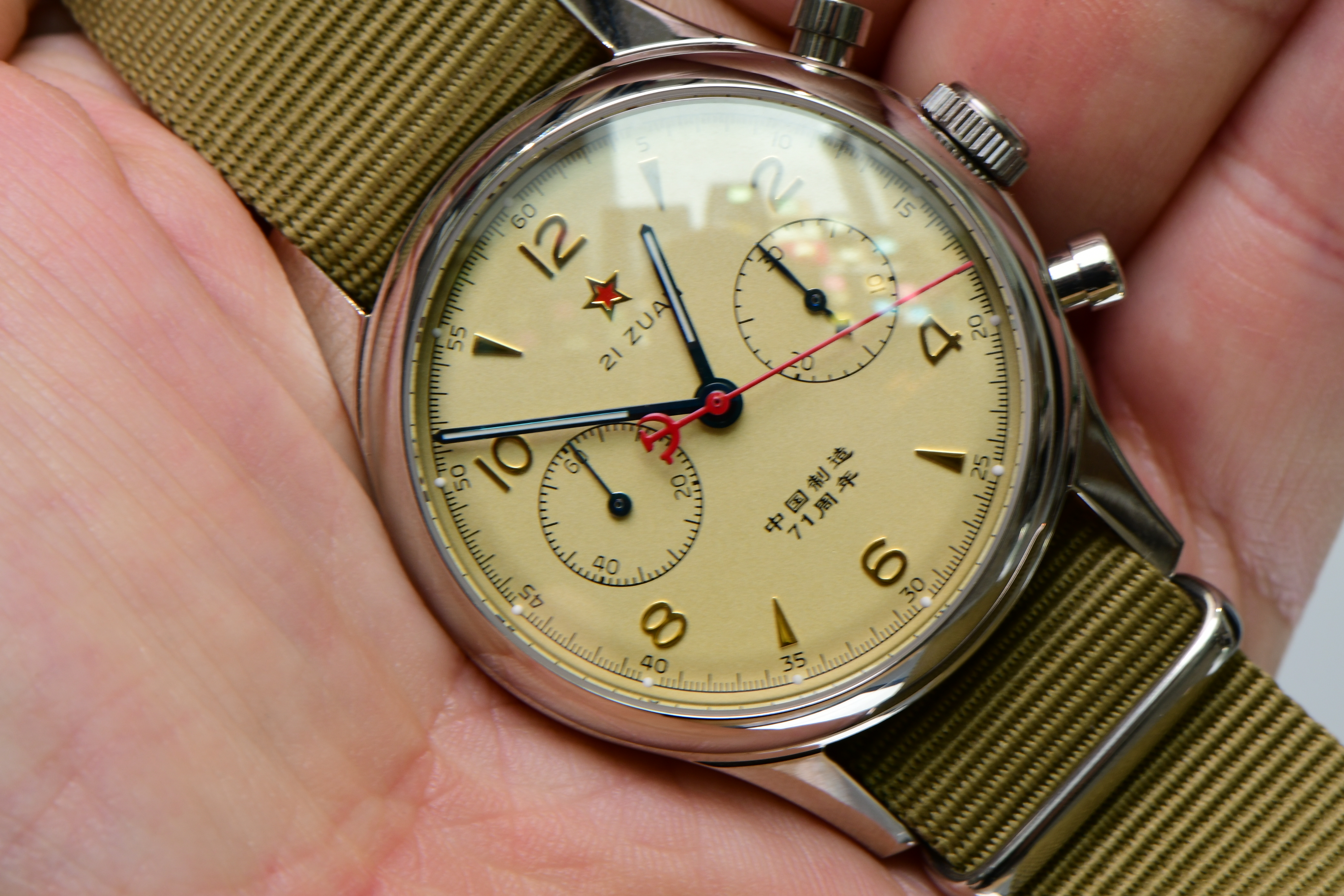 Red Star Seagull 1963 Chronograph in Steel on Taupe Strap