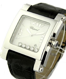Happy Sport Square XL White Gold on Strap with Silver Dial 
