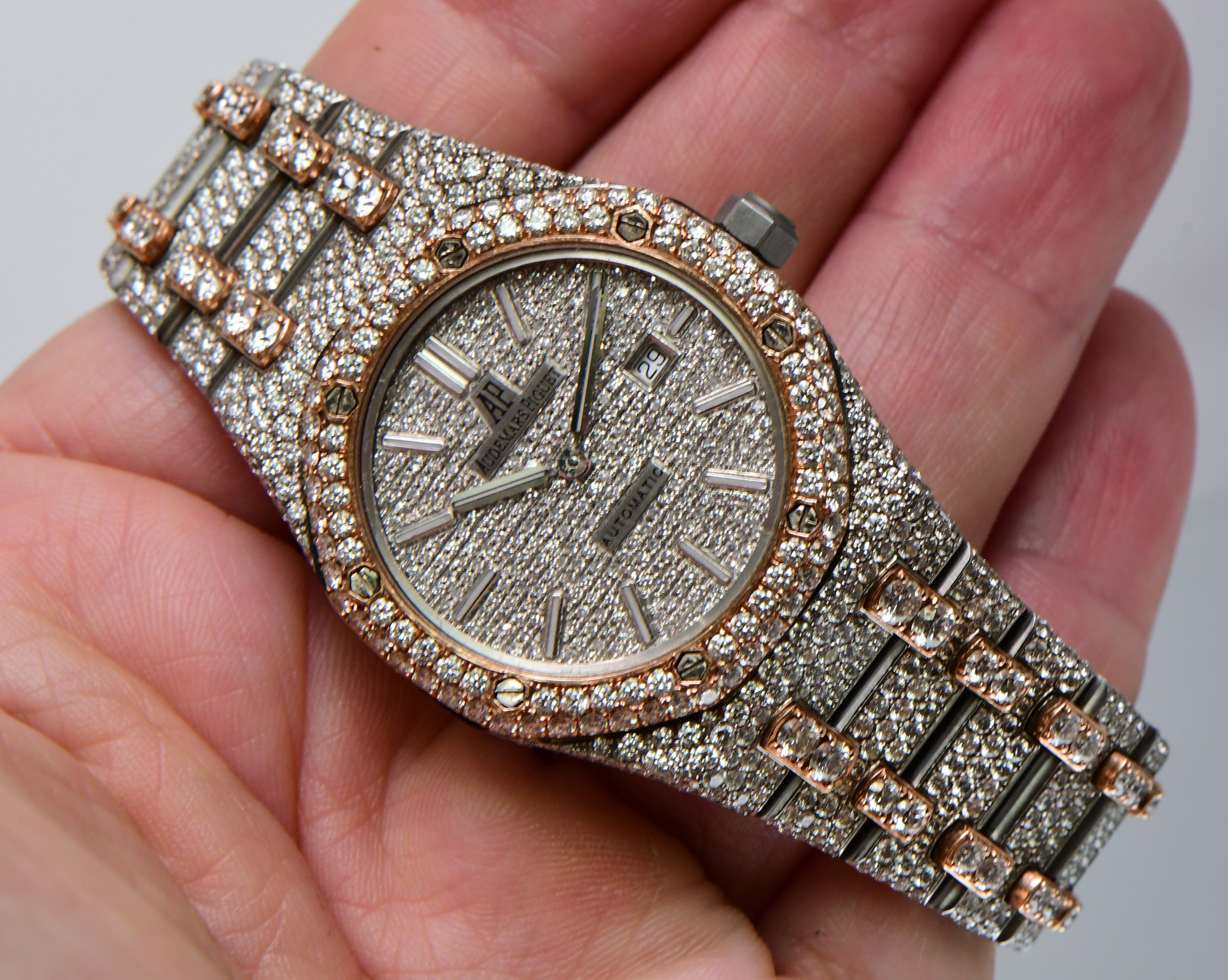 Audemars Piguet Royal Oak 33mm Ladies in Steel with Added Diamond Bezel on Bracelet with Silver Dial and Custom Diamonds
