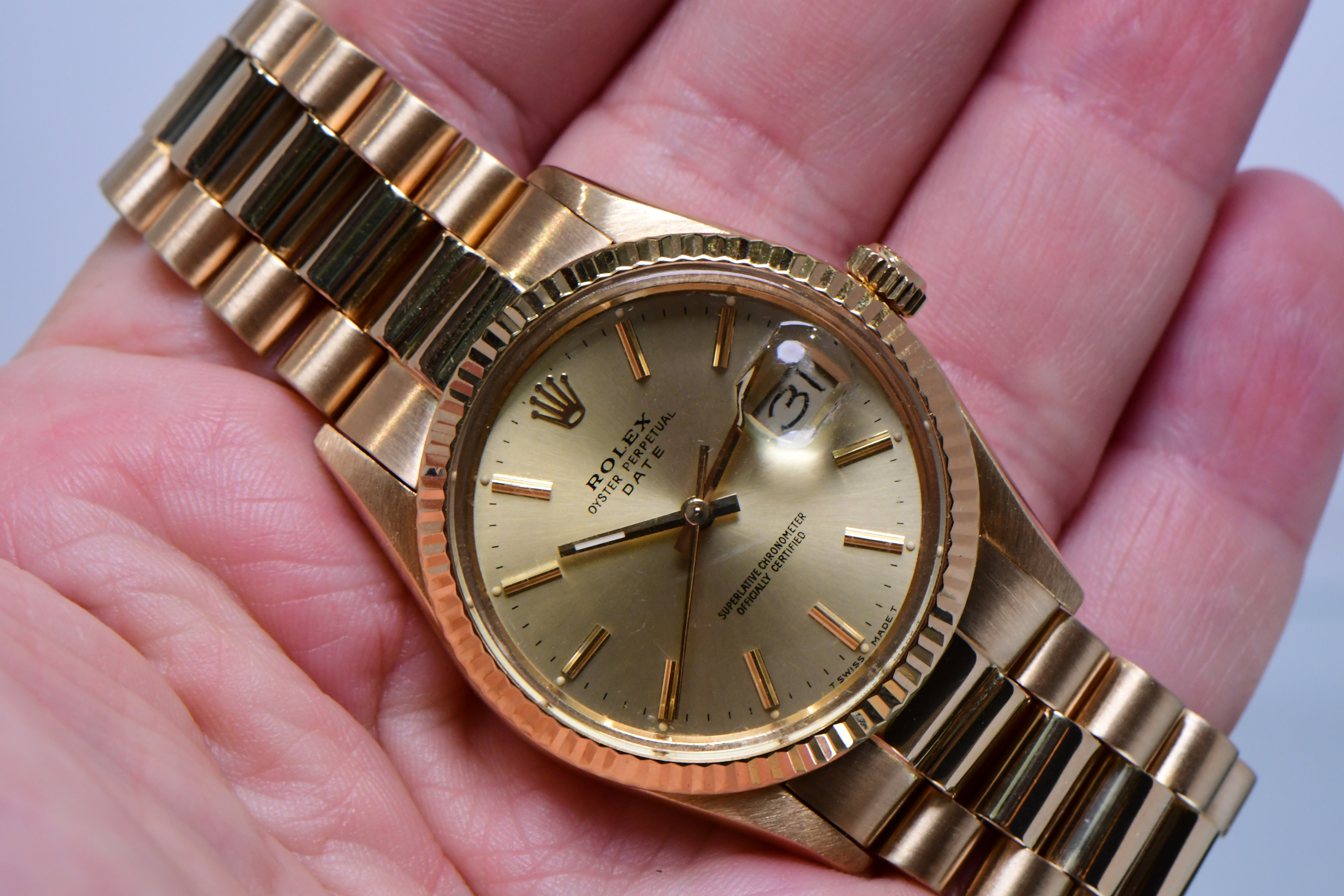 Rolex Vintage 34mm Date in Yellow Gold Circa 1983 on custom President Bracelet - Champagne Dial