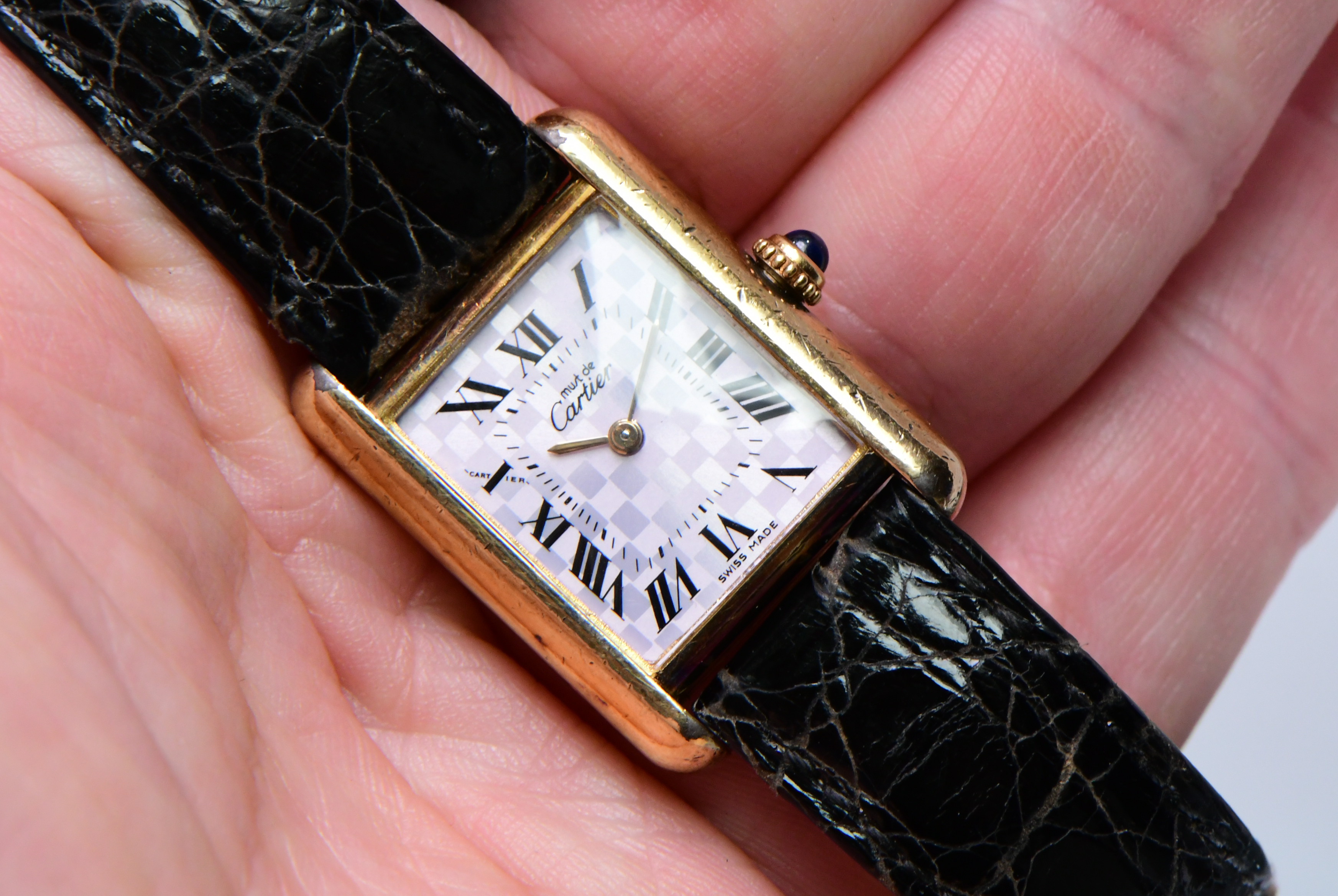 Cartier Tank Vermeil with MOP Dial Gold Plated Silver on Strap with Pattern MOP Dial