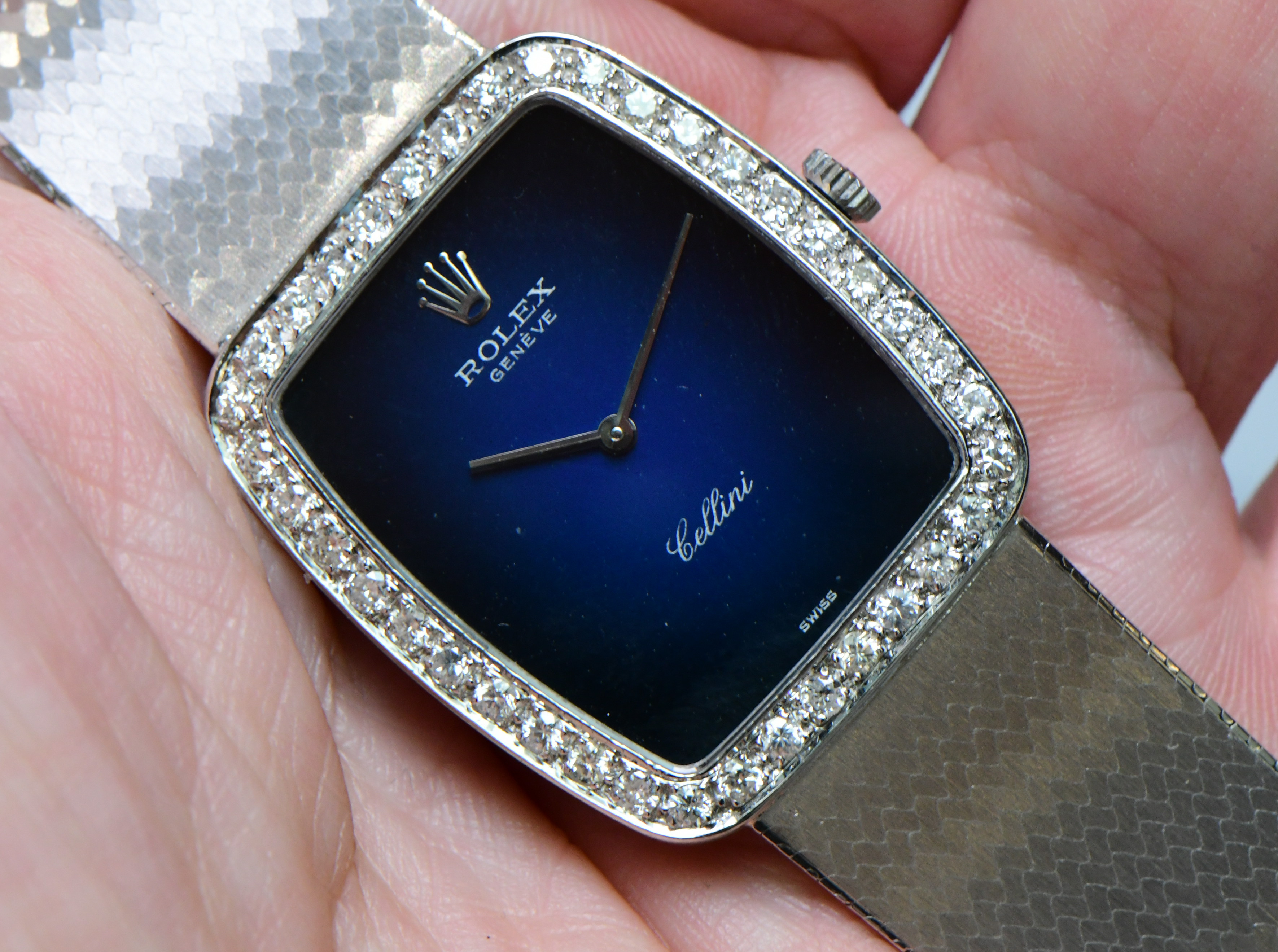 Pre-Owned Rolex Cellini Lady's with Diamond Bezel on White Gold Bracelet - Blue Vignette Dial