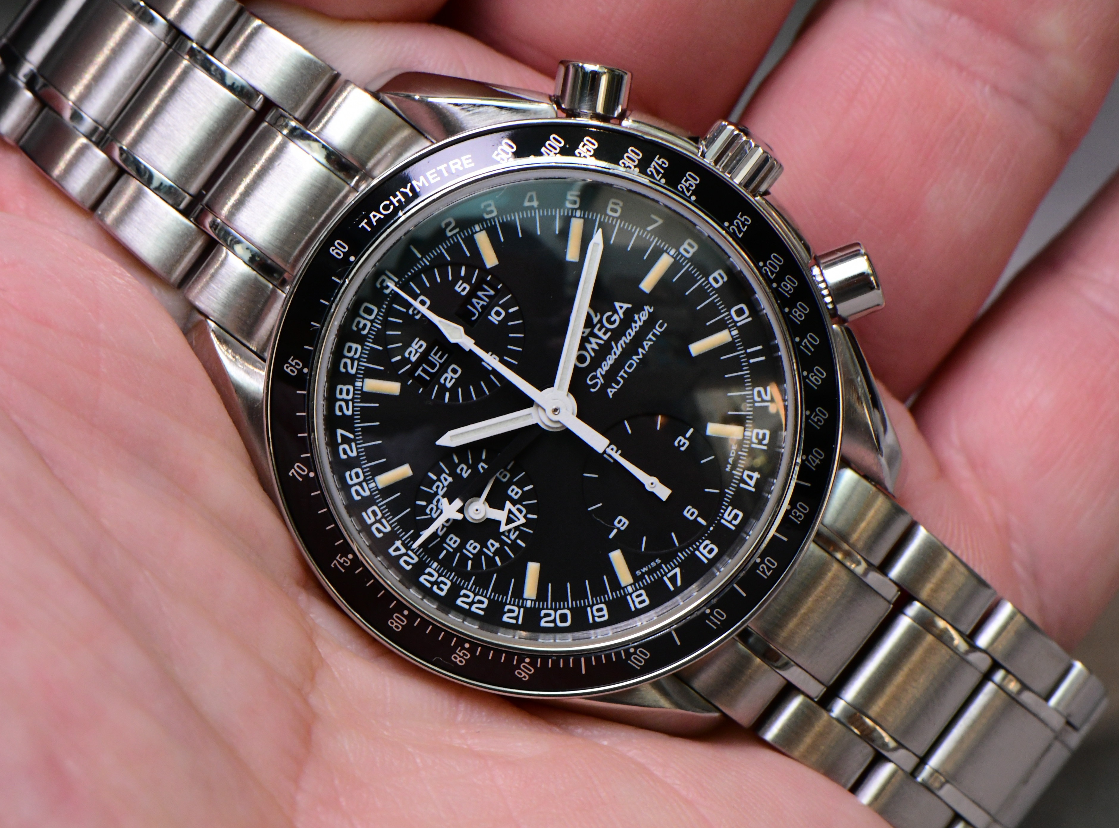 Omega Speedmaster Triple Date Calendar On Steel Bracelet - Black Dial - Circa 1990s