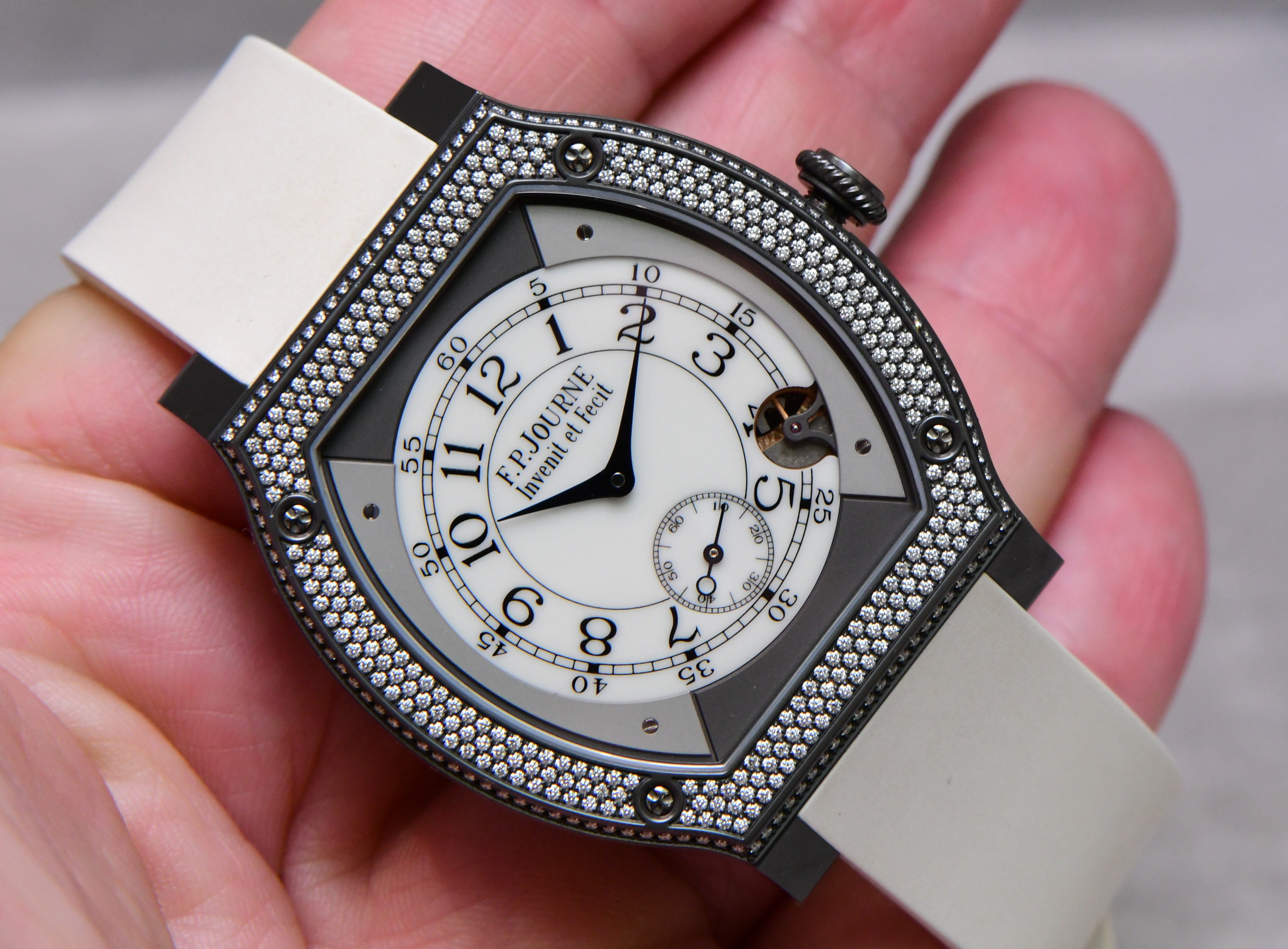 FP Journe Elegante Tytalyt 48mm in Titanium with Diamond Case on White Rubber Strap with White Arabic Dial