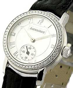 Lady's Jules Audemars in White Gold with Diamond Bezel on Black Leather Strap with Silver Guilloche Dial