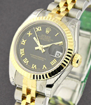 Datejust 26mm in Steel with Yellow Gold Fluted Bezel on Yellow Gold and Steel Jubilee Bracelet with Black Roman Dial