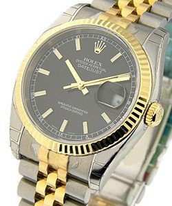 Datejust 2-Tone 36mm in Steel with Yellow Gold Fluted Bezel on Jubilee Bracelet with Black Stick  Dial
