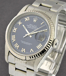 Datejust 36mm in Steel with White Gold Fluted Bezel on Oyster Bracelet with Blue Roman Dial