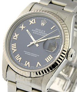 Datejust 36mm in Steel with White Gold Fluted Bezel on Oyster Bracelet with Blue Roman Dial