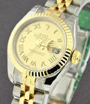 Ladies 26mm Datejust in Steel with Yellow Gold Fluted Bezel on Steel and Yellow Gold Jubilee Bracelet with Champagne Sunbeam Roman Dial