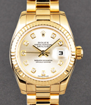 Ladies Datejust 26mm in Yellow Gold with Fluted Bezel on President Bracelet with Silver Diamond Dial