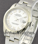 Lady's Datejust in Steel with White Gold Fluted Bezel on Steel Oyster Bracelet with Rhodium Roman Dial