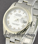 Lady's Datejust in Steel with White Gold Fluted Bezel on Steel Oyster Bracelet with White Roman Dial