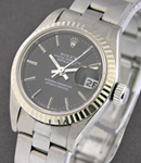 Lady's Datejust in Steel with White Gold Fluted Bezel on Steel Oyster Bracelet with Black Stick Dial