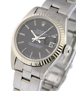 Lady's Datejust in Steel with White Gold Fluted Bezel on Steel Oyster Bracelet with Black Stick Dial