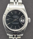 Lady's Datejust in Steel with White Gold Fluted Bezel on Steel Jubilee Bracelet with Black Stick Dial