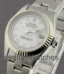 Lady's Datejust in Steel with White Gold Fluted Bezel on Steel Oyster Bracelet with White Roman Dial