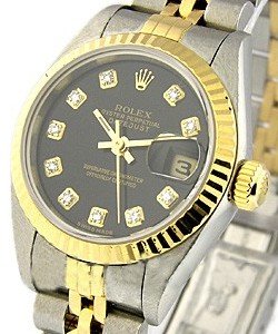 Datejust Lady's in Steel and Yellow Gold Fluted Bezel on Steel and Yellow Gold Jubilee Bracelet with Black Diamond Dial