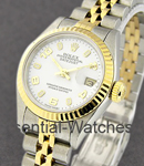 Ladies Datejust 26mm in Steel with Yellow Gold Fluted Bezel on Jubilee Bracelet with White Arabic Dial with Luminous