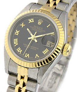 Lady's 2-Tone Datejust in Steel and Yellow Gold Fluted Bezel on Steel and Yellow Gold Jubilee Bracelet with Black Pyramid Roman Dial