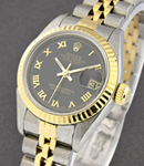 Lady's 2-Tone Datejust in Steel and Yellow Gold Fluted Bezel on Steel and Yellow Gold Jubilee Bracelet with Black Pyramid Roman Dial