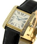 Large Size - Tank Francaise with Diamond Bezel Yellow Gold on Strap with Silver Dial