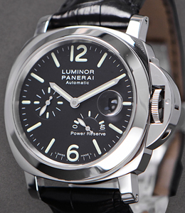 PAM 90 - Marina Power Reserve in Steel on Black Alligator Leather Strap with Black Dial