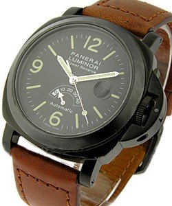 PAM 28 -Power Reserve Silver Arrow Hobnail Dial in PVD Black Steel on Brown Leather Strap with Black Dial