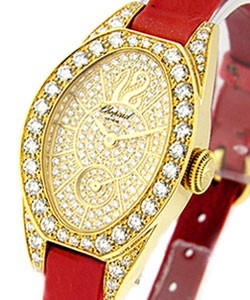 Lady's Classique Femme in Yellow Gold with Diamond Bezel on Red Satin Strap with Pave Diamond Dial