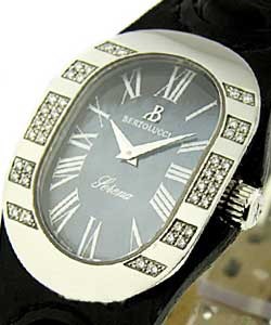 Serena in Steel with Partial Diamond Bezel on Black Leather Strap with Black MOP Dial