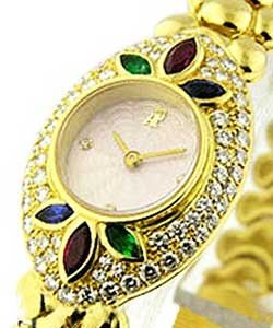 Cushion Shapped Case in Yellow Gold with with Diamonds, Ruby, Emeralds and Sapphires on Yellow Gold Bracelet with Pink Dial