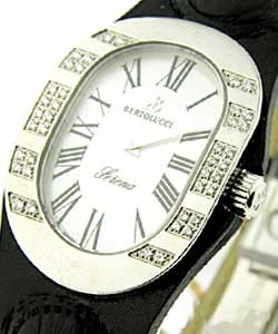 Serena in Steel with Partial Diamond Bezel on Black Leather Strap with White Dial