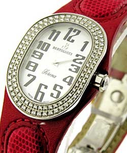 Serena in Steel with Diamond Bezel on Red Leather Strap with Mother of Pearl Dial
