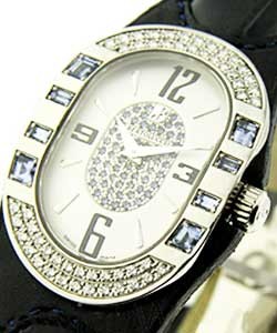 Serena in Steel with Sapphire and Diamond Bezel on Dark Blue Leather Strap with Silver Dial