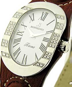 Serena in Steel with Partial Diamond Bezel on Brown Leather Strap With Mother Of Pearl Dial