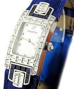 Promesse Small Size in White Gold with Sapphire and Baguette Bezel on Blue Leather Strap with MOP Diamond Dial