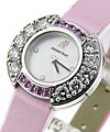Round Case - Boutique Item in White Gold with Diamond & Sapphire  on Pink Satin Strap with MOP Diamond Dial