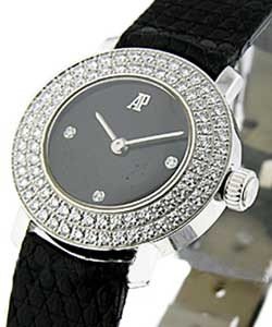 Round Case - Boutique Item in White Gold with Diamond Bezel on Black Crocodile Leather Strap with Black Diamond Dial 