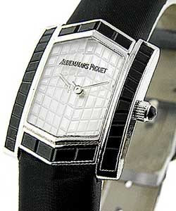 Facettes Lady''s Collection in White Gold with Black Diamond Bezel on Black Satin Strap with MOP Dial