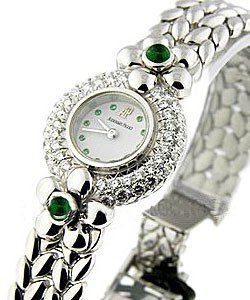 Round Case - Boutique Item in White Gold with Diamonds Bezel and Emerald Lugs on WG Bracelet with White Dial