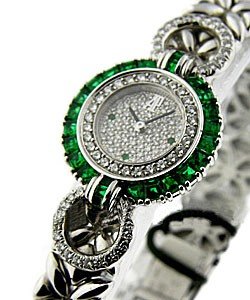 Round Case - Boutique Item  White Gold with Emerald and Diamond Bezel & Dial